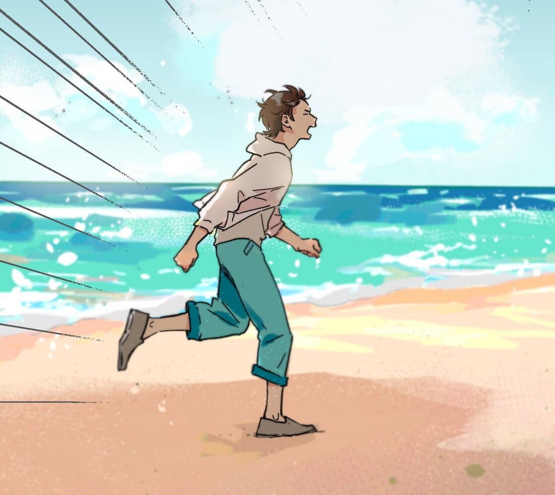 Jiang He running and screaming along the beach